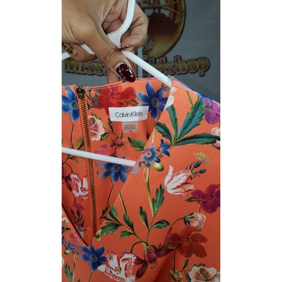 Calvin Klein Orange Floral Sleeveless Sheath Dress Size 12 - Picture 4 of 7